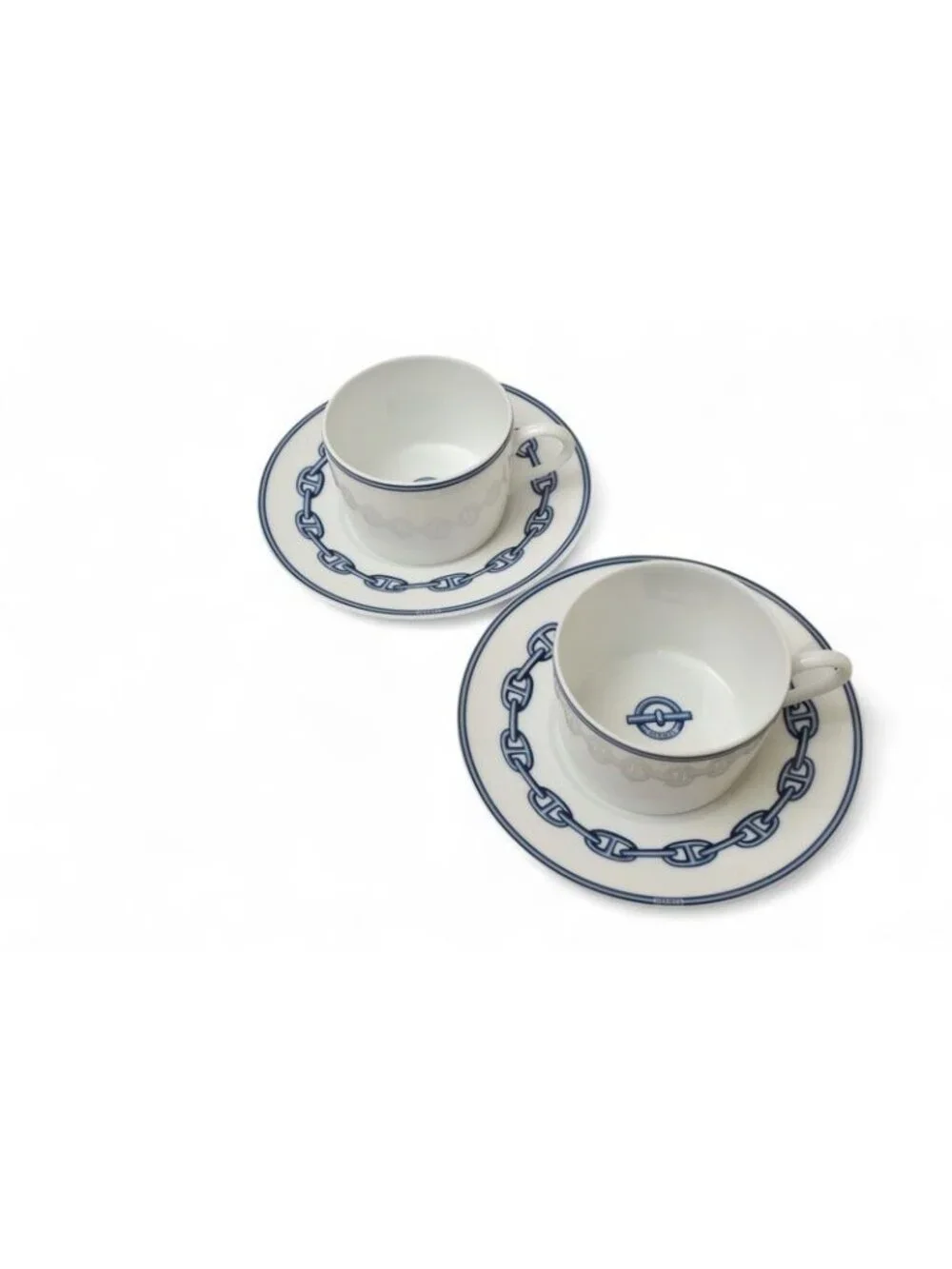 Hermes Set Of 2 Cups And Saucers Pottery Chaine D'Ancre Blue White
